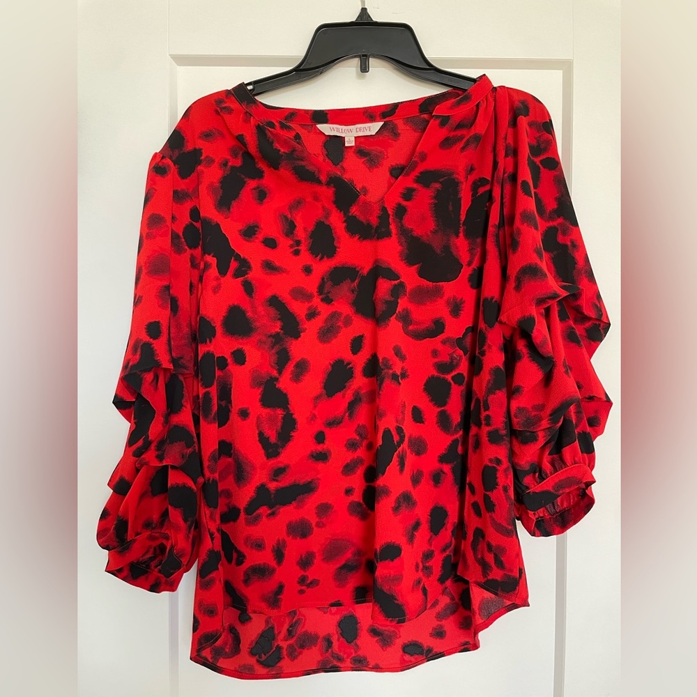 Bold Red and Black Ruffled Blouse with 3/4 Bishop Sleeves